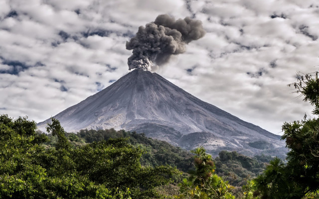 Volcano smoke cloudy sky forest free wallpaper - medium preview image