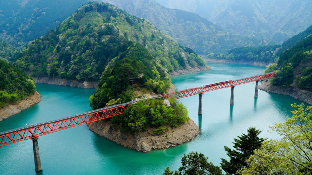 Red bridge mountain forest lake free wallpaper - medium preview image