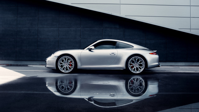 Silver sports car reflection pavement free wallpaper - medium preview image