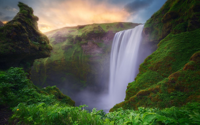 Waterfall cloudy sky mountains forest free wallpaper - medium preview image