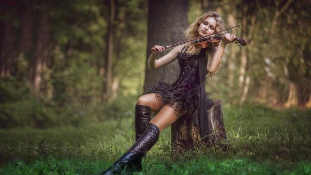 Woman blonde violin forest magic free wallpaper - medium preview image