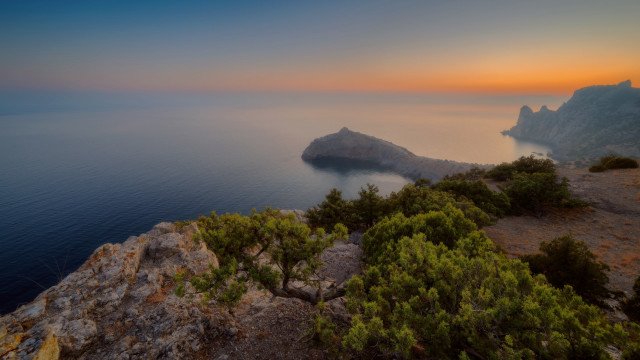 Lake cliff trees sunset mountain free wallpaper - medium preview image