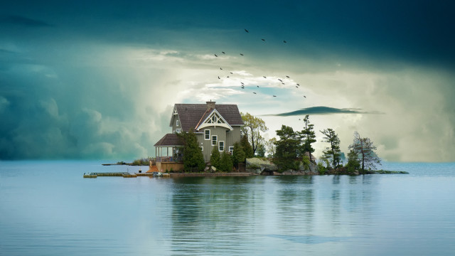 Island stormy lake birds bridge free wallpaper - medium preview image