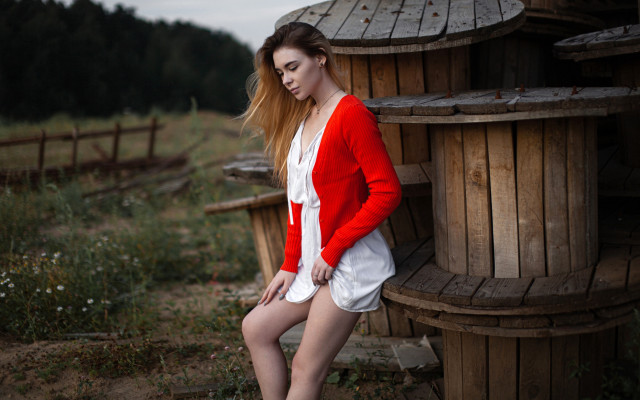 Woman red white dress wooden free wallpaper - medium preview image