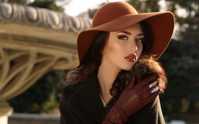 Woman brown hat gloves fur free wallpaper - medium preview image