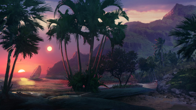 Sunset palm trees boat mountain free wallpaper - medium preview image