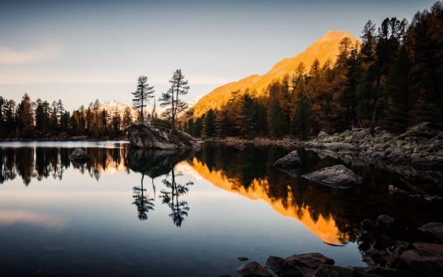 Lake trees rocks mountain dusk free wallpaper - medium preview image