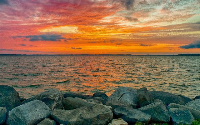 Sunset water rocks island clouds free wallpaper - medium preview image