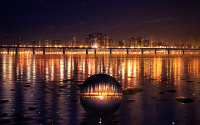 Night water bridge lights reflection free wallpaper - medium preview image