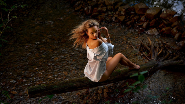 Woman forest flowing hair sitting free wallpaper - medium preview image