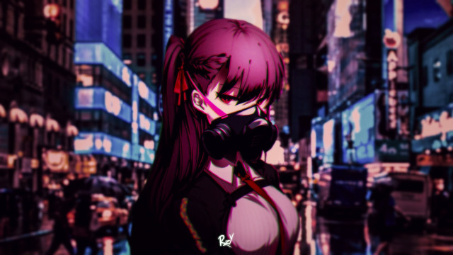 Cyberpunk gasmask woman city bokeh free wallpaper - medium preview image