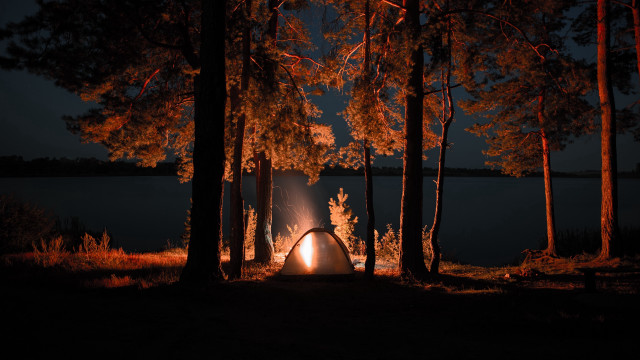 Tent lake forest autumn leaves free wallpaper - medium preview image