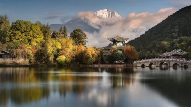 Bridge lake mountain building scenery free wallpaper - medium preview image