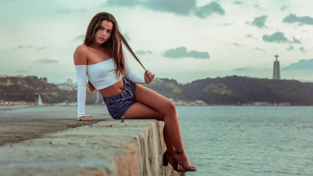 Woman ocean lighthouse portrait beach free wallpaper - medium preview image