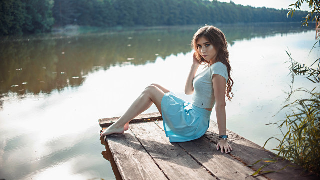Woman dock lake tree portrait free wallpaper - medium preview image