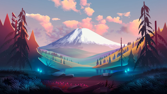 Mountain lake trees sunset fantasy free wallpaper - medium preview image