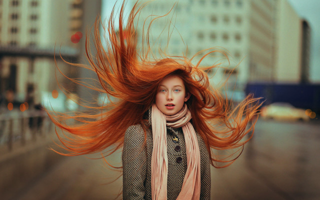 Red haired woman street wind free wallpaper - medium preview image
