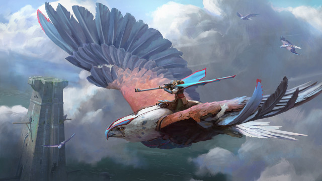Woman riding bird sword clouds free wallpaper - medium preview image