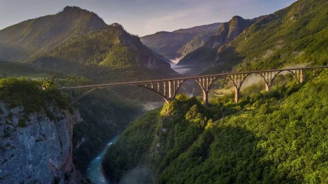 Bridge river mountains forest waterfall free wallpaper - medium preview image