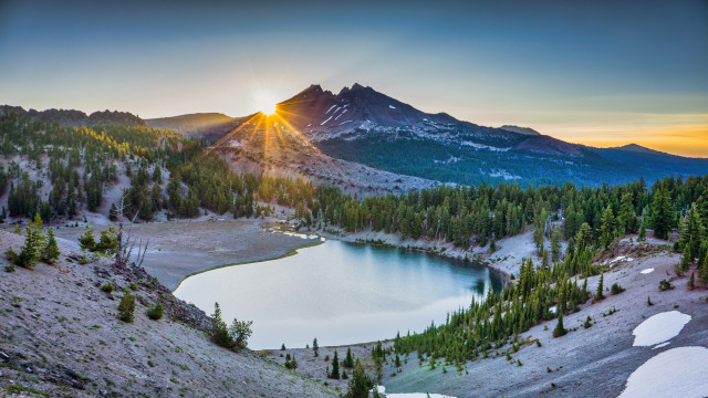 Mountain lake trees sunset light free wallpaper - medium preview image