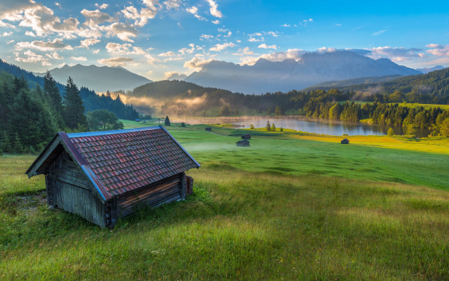 Small cabin lake mountains clouds free wallpaper - medium preview image