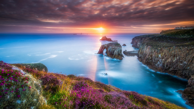 Sunset rocky cliff purple flowers free wallpaper - medium preview image