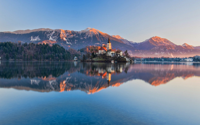 Small island church lake mountains free wallpaper - medium preview image