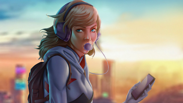 Blonde woman headphones book smartphone free wallpaper for desktop - medium preview image