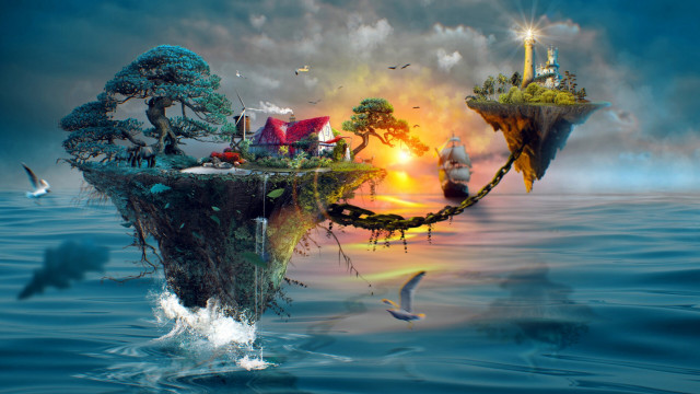 Floating island house birds matte free wallpaper - medium preview image
