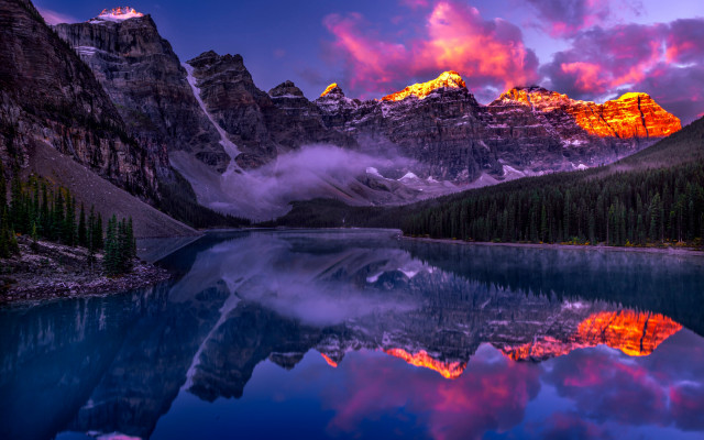 Mountain lake forest sunset fantasy free wallpaper - medium preview image