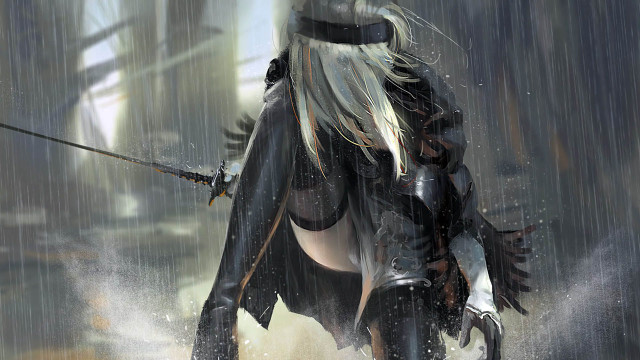 Woman black sword rain boat free wallpaper - medium preview image