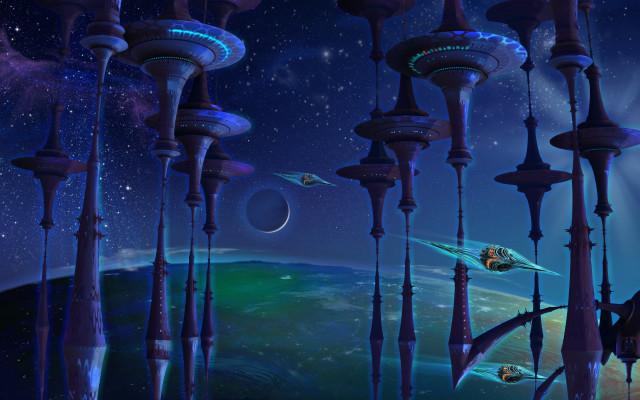 Futuristic city spaceship planet afrofuturism free wallpaper - medium preview image