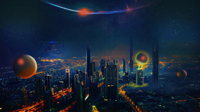 Futuristic city night planet skyline free wallpaper - medium preview image