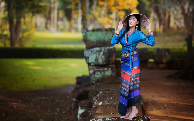 Woman colorful dress hat park free wallpaper - medium preview image