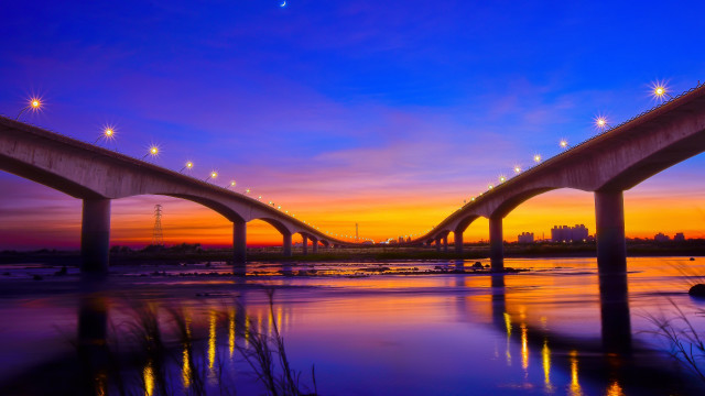 Bridge water sunset lights city free wallpaper - medium preview image