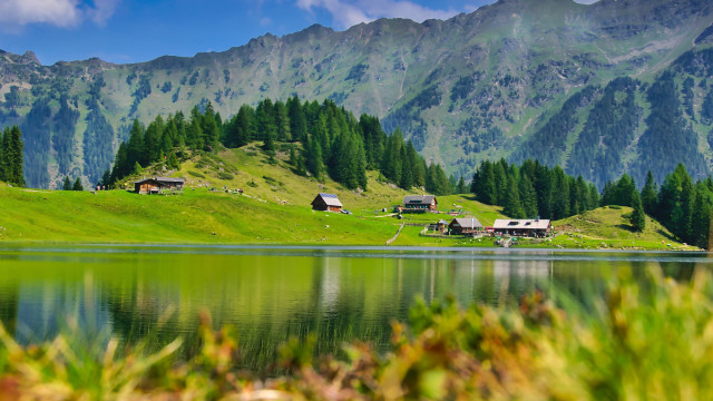Lake mountains forest houses bicycle free wallpaper - medium preview image