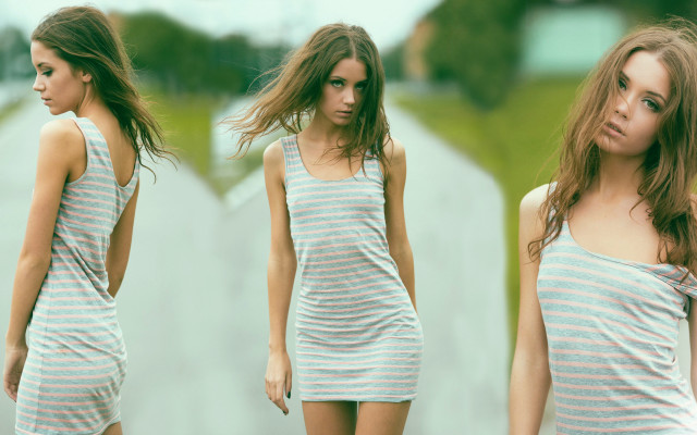 Blonde asian striped dress blowing free wallpaper - medium preview image