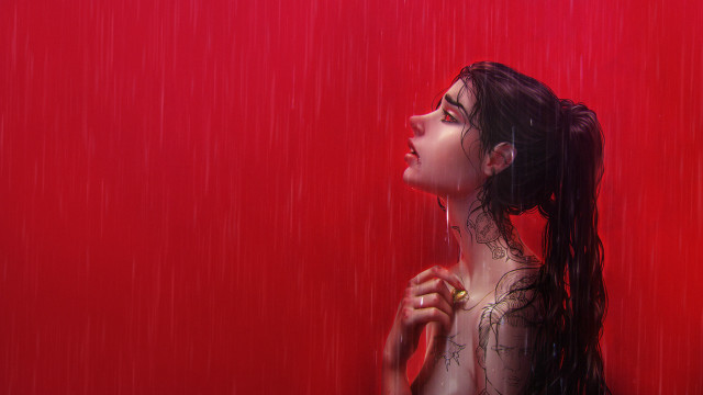 Woman umbrella rain red background free wallpaper - medium preview image