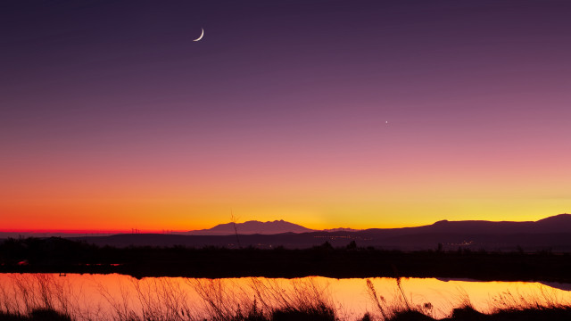 Sunset moon distant mountains lake free wallpaper - medium preview image
