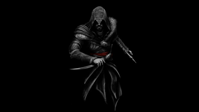 Hooded man knife red stripe free wallpaper - medium preview image