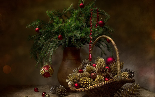 Christmas basket pinecones ornaments vase free wallpaper - medium preview image