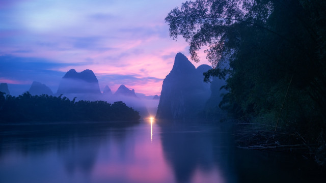 Lake mountain sunset fog landscape free wallpaper - medium preview image