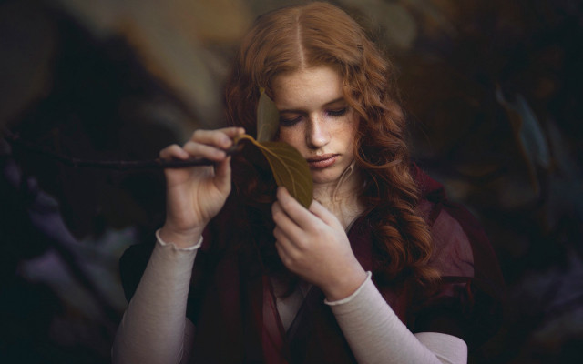 Woman leaf serious portrait blonde free wallpaper - medium preview image