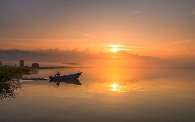 Lake sunset fog boat bernd free wallpaper - medium preview image