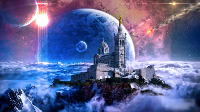 Fantasy castle sky clouds planets free wallpaper - medium preview image