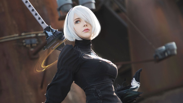 White hair black outfit sword free wallpaper - medium preview image