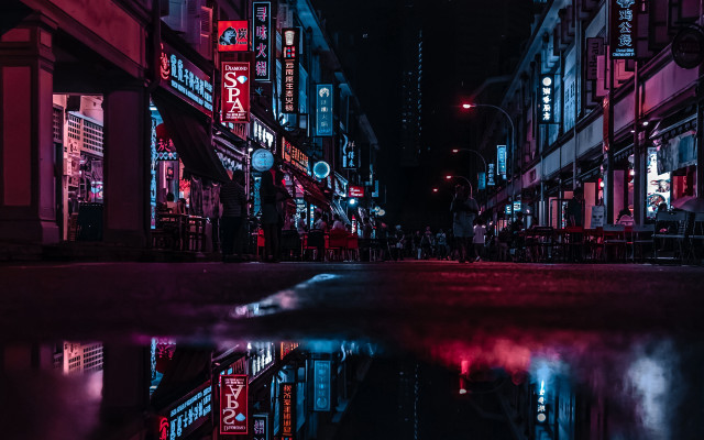 City street puddle night neon free wallpaper - medium preview image