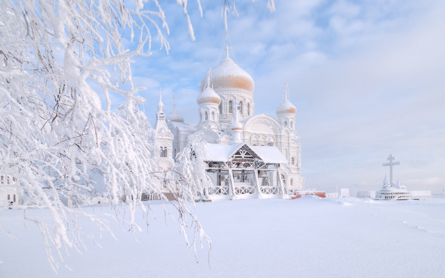 Church snow covered roof trees free wallpaper - medium preview image