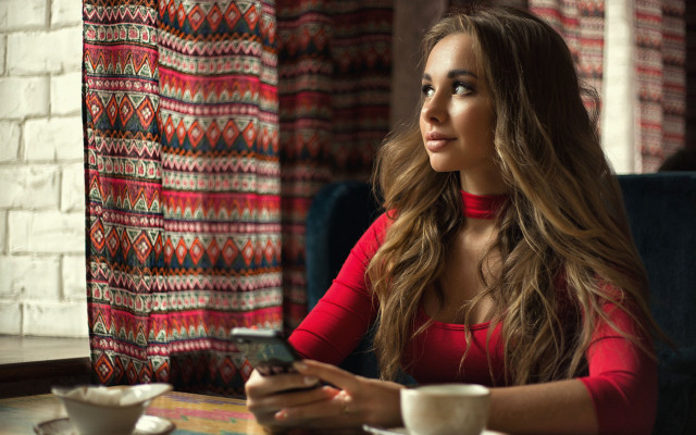 Woman coffee phone brick library free wallpaper - medium preview image