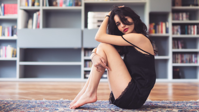 Woman book shelf rug blackdress free wallpaper - medium preview image
